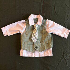 Perry Ellis lilac dress shirt, gray vest and clip on tie, Easter,size 6/9 months